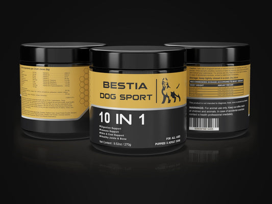 Three jars of Bestia Dog Sport 10 in 1 soft chews on a dark background